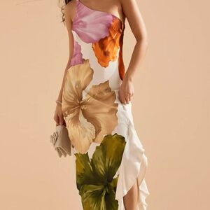 One-Shoulder Floral Maxi Dress in White with Pink & Green Accents